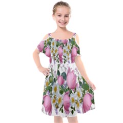 Flowers Roses Pink White Blooms Kids  Cut Out Shoulders Chiffon Dress by Simbadda