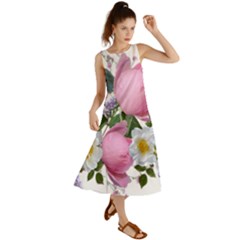 Flowers Roses Pink White Blooms Summer Maxi Dress by Simbadda