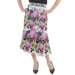 Flowers Roses Pink White Blooms Midi Mermaid Skirt by Simbadda