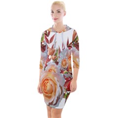 Roses Flowers Leaves Nandina Quarter Sleeve Hood Bodycon Dress by Simbadda