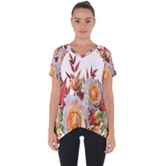 Roses Flowers Leaves Nandina Cut Out Side Drop Tee by Simbadda