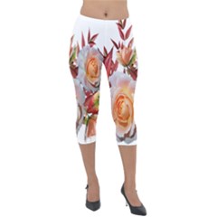 Roses Flowers Leaves Nandina Lightweight Velour Capri Leggings  by Simbadda