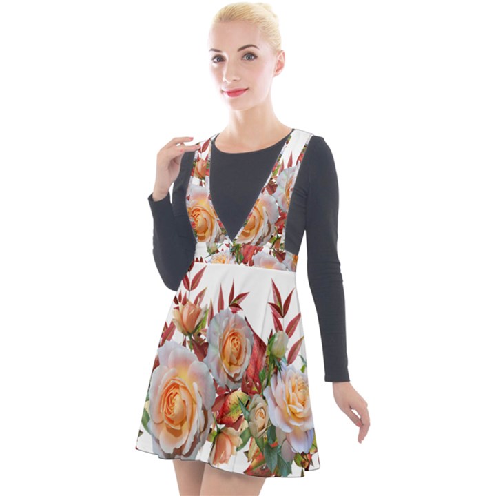 Roses Flowers Leaves Nandina Plunge Pinafore Velour Dress