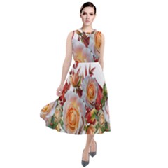 Roses Flowers Leaves Nandina Round Neck Boho Dress