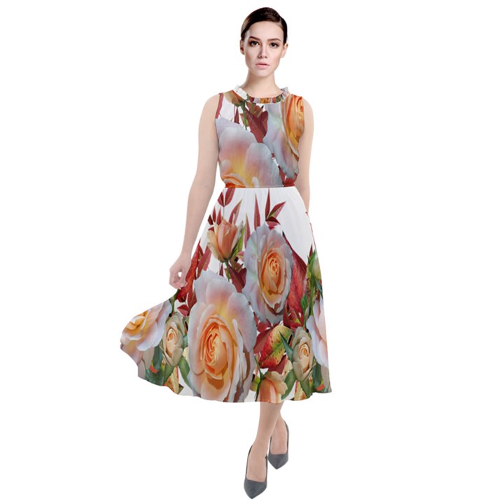 Roses Flowers Leaves Nandina Round Neck Boho Dress