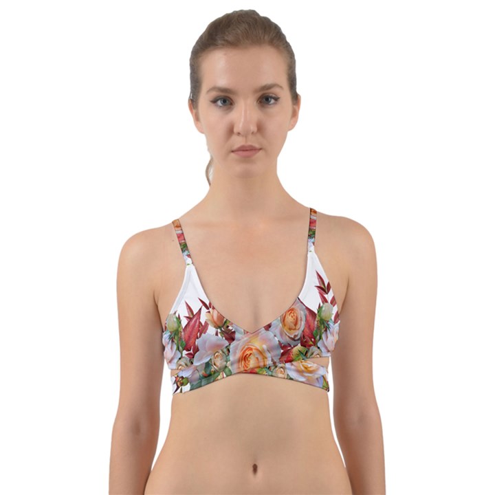 Roses Flowers Leaves Nandina Wrap Around Bikini Top