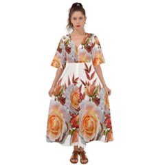 Roses Flowers Leaves Nandina Kimono Sleeve Boho Dress