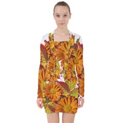 Flowers Arrangement Autumn Daisies V-neck Bodycon Long Sleeve Dress by Simbadda