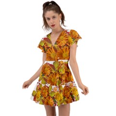 Flowers Arrangement Autumn Daisies Flutter Sleeve Wrap Dress by Simbadda