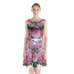 Roses Pink Flowers Arrangement Sleeveless Waist Tie Chiffon Dress by Simbadda