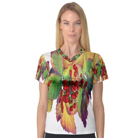 Leaves Autumn Berries Garden V-neck Sport Mesh Tee by Simbadda