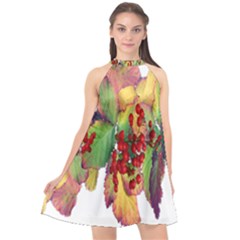 Leaves Autumn Berries Garden Halter Neckline Chiffon Dress  by Simbadda