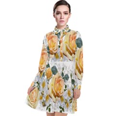 Flowers Roses White Yellow Long Sleeve Chiffon Shirt Dress by Simbadda