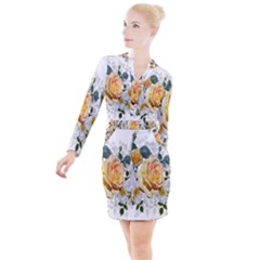 Flowers Roses White Yellow Button Long Sleeve Dress by Simbadda