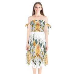 Flowers Roses White Yellow Shoulder Tie Bardot Midi Dress by Simbadda