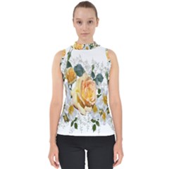 Flowers Roses White Yellow Mock Neck Shell Top by Simbadda