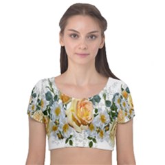 Flowers Roses White Yellow Velvet Short Sleeve Crop Top  by Simbadda