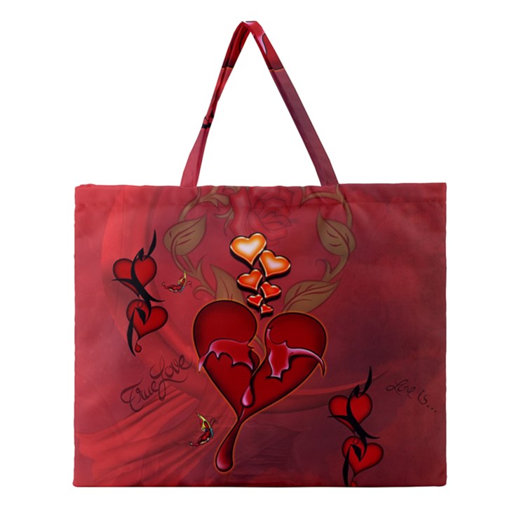 Wonderful Hearts And Rose Zipper Large Tote Bag