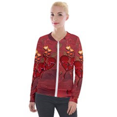 Wonderful Hearts And Rose Velour Zip Up Jacket by FantasyWorld7