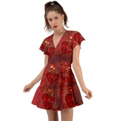 Wonderful Hearts And Rose Flutter Sleeve Wrap Dress by FantasyWorld7