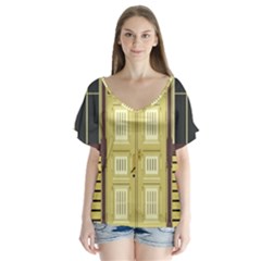 Graphic Door Entry Exterior House V-neck Flutter Sleeve Top by Simbadda