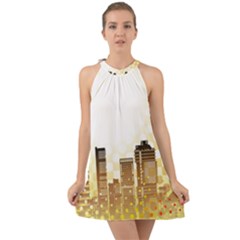 Life Urban City Scene Building Halter Tie Back Chiffon Dress by Simbadda