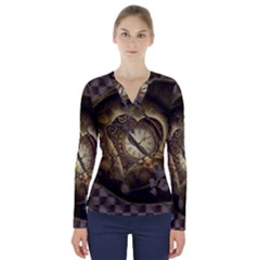 Wonderful Elegant Steampunk Heart, Beautiful Clockwork V-neck Long Sleeve Top by FantasyWorld7