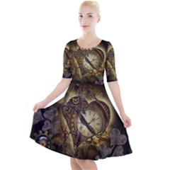 Wonderful Elegant Steampunk Heart, Beautiful Clockwork Quarter Sleeve A-line Dress by FantasyWorld7