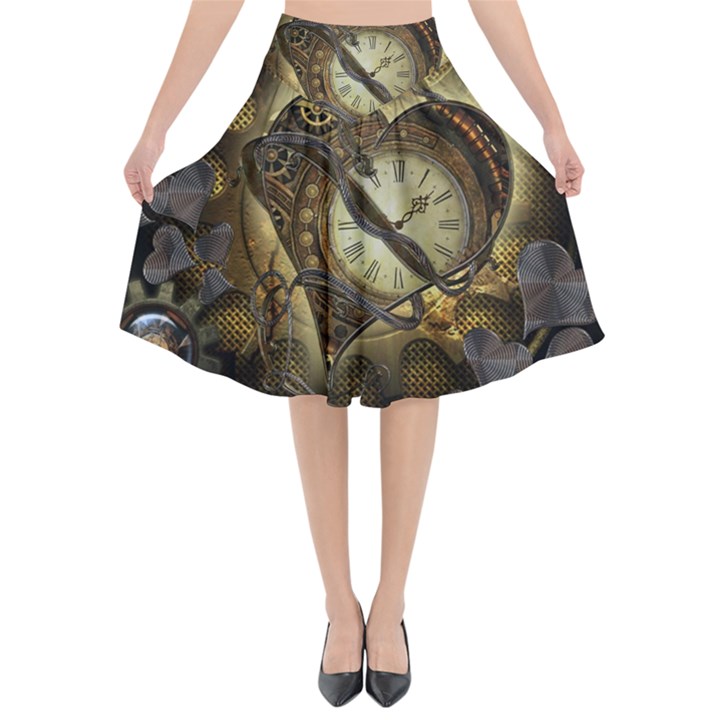 Wonderful Elegant Steampunk Heart, Beautiful Clockwork Flared Midi Skirt