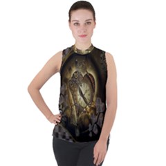 Wonderful Elegant Steampunk Heart, Beautiful Clockwork Mock Neck Chiffon Sleeveless Top by FantasyWorld7