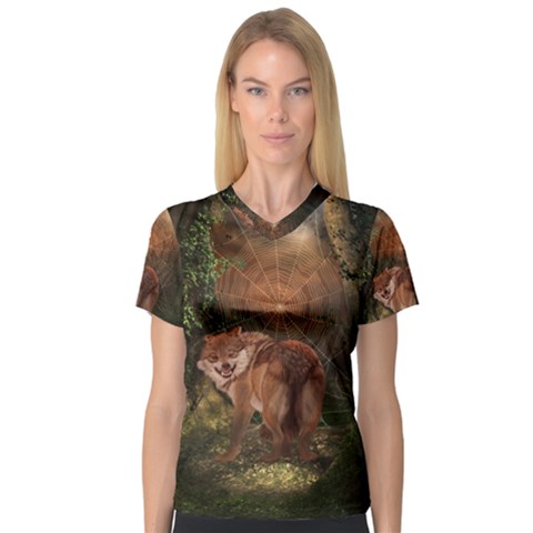 Awesome Wolf In The Darkness Of The Night V-neck Sport Mesh Tee by FantasyWorld7