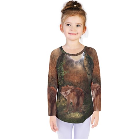 Awesome Wolf In The Darkness Of The Night Kids  Long Sleeve Tee by FantasyWorld7