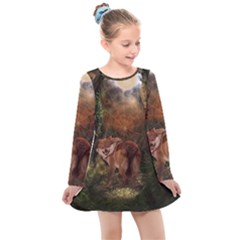 Awesome Wolf In The Darkness Of The Night Kids  Long Sleeve Dress by FantasyWorld7