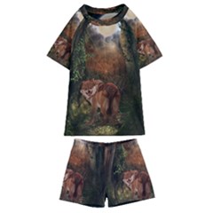 Awesome Wolf In The Darkness Of The Night Kids  Swim Tee And Shorts Set by FantasyWorld7