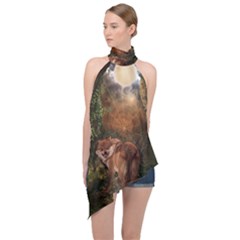 Awesome Wolf In The Darkness Of The Night Halter Asymmetric Satin Top by FantasyWorld7