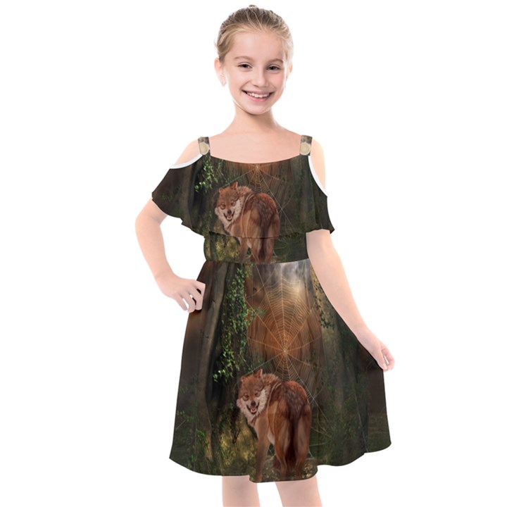 Awesome Wolf In The Darkness Of The Night Kids  Cut Out Shoulders Chiffon Dress