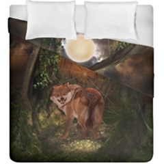 Awesome Wolf In The Darkness Of The Night Duvet Cover Double Side (king Size) by FantasyWorld7