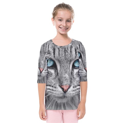 Cat Animal Cat Portrait Mackerel Kids  Quarter Sleeve Raglan Tee by Sudhe