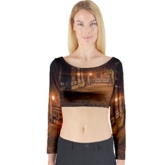 City Night Dark Architecture Lamps Long Sleeve Crop Top by Sudhe