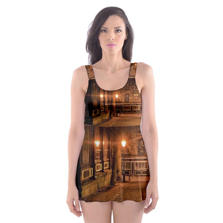 City Night Dark Architecture Lamps Skater Dress Swimsuit