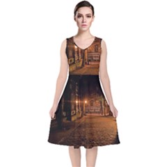 City Night Dark Architecture Lamps V-neck Midi Sleeveless Dress 