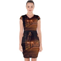 City Night Dark Architecture Lamps Capsleeve Drawstring Dress  by Sudhe