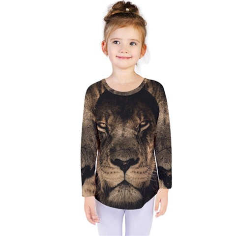 African Lion Wildcat Mane Closeup Kids  Long Sleeve Tee by Sudhe