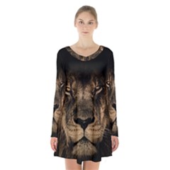 African Lion Wildcat Mane Closeup Long Sleeve Velvet V-neck Dress by Sudhe