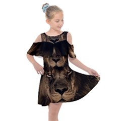 African Lion Wildcat Mane Closeup Kids  Shoulder Cutout Chiffon Dress by Sudhe