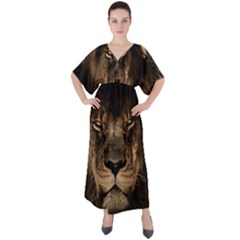 African Lion Wildcat Mane Closeup V-neck Boho Style Maxi Dress by Sudhe