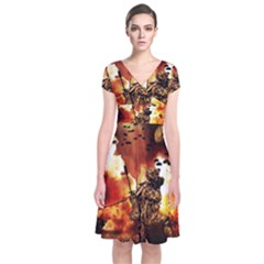 War Venue War Apocalypse Short Sleeve Front Wrap Dress by Sudhe