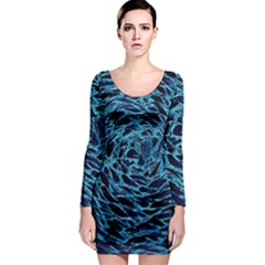 Neon Abstract Surface Texture Blue Long Sleeve Bodycon Dress