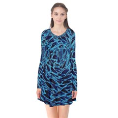 Neon Abstract Surface Texture Blue Long Sleeve V-neck Flare Dress by HermanTelo