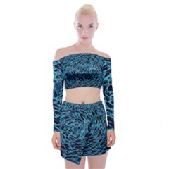 Neon Abstract Surface Texture Blue Off Shoulder Top With Mini Skirt Set